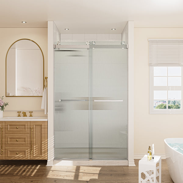 48 in. W x 76 in. H Double Sliding Frameless Shower Door in Brushed Nickel with Clear Tempered Ribbed Glass Easy-Clean