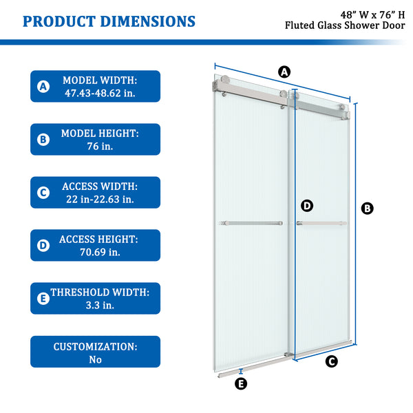 48 in. W x 76 in. H Double Sliding Frameless Shower Door in Brushed Nickel with Clear Tempered Ribbed Glass Easy-Clean