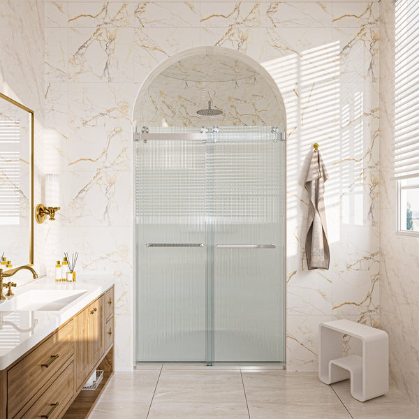 48 in. W x 76 in. H Double Sliding Frameless Shower Door in Brushed Nickel with Clear Tempered Ribbed Glass Easy-Clean