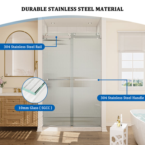 48 in. W x 76 in. H Double Sliding Frameless Shower Door in Brushed Nickel with Clear Tempered Ribbed Glass Easy-Clean