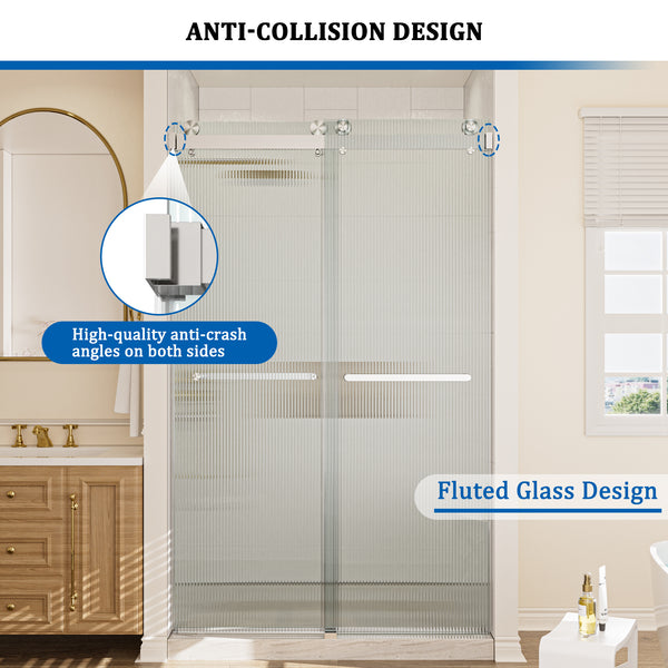 48 in. W x 76 in. H Double Sliding Frameless Shower Door in Brushed Nickel with Clear Tempered Ribbed Glass Easy-Clean