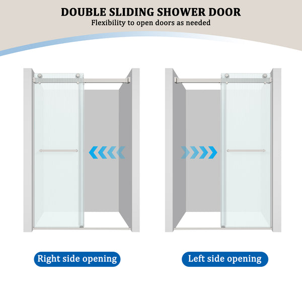 48 in. W x 76 in. H Double Sliding Frameless Shower Door in Brushed Nickel with Clear Tempered Ribbed Glass Easy-Clean
