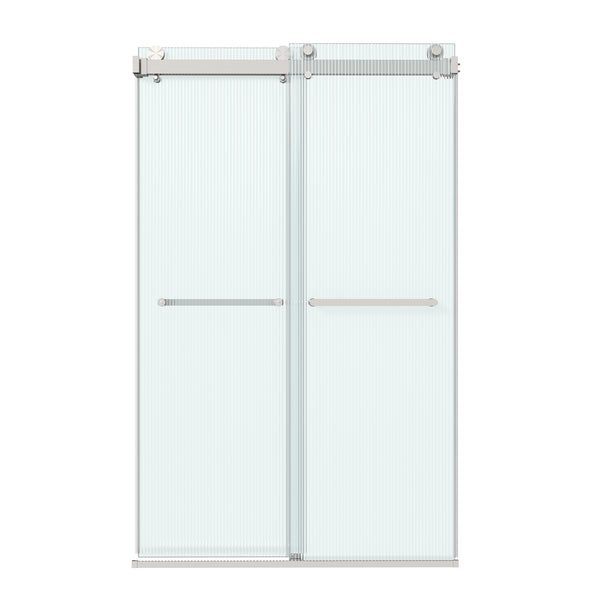 48 in. W x 76 in. H Double Sliding Frameless Shower Door in Brushed Nickel with Clear Tempered Ribbed Glass Easy-Clean