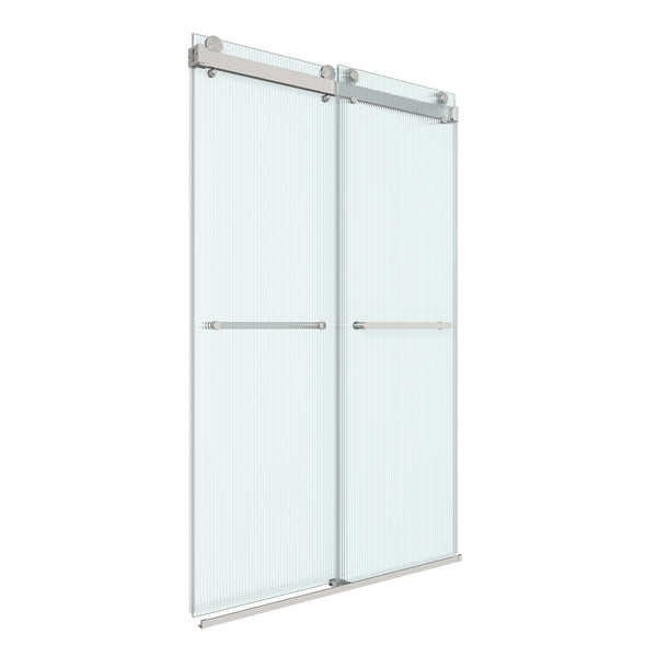 48 in. W x 76 in. H Double Sliding Frameless Shower Door in Brushed Nickel with Clear Tempered Ribbed Glass Easy-Clean