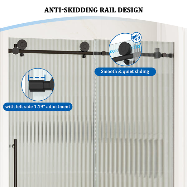 48 in. W x 76 in. H Frameless Sliding Shower Door in Matte Black/Brushed Nickel with Fluted Tempered Glass, Rust-Resistant Hardware
