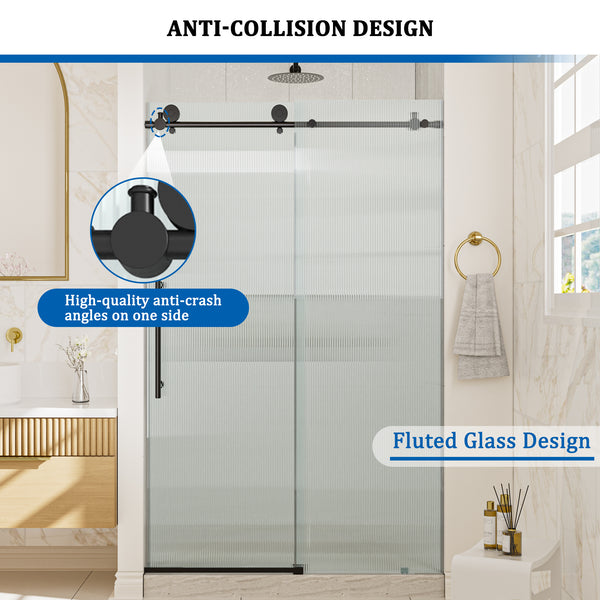 48 in. W x 76 in. H Frameless Sliding Shower Door in Matte Black/Brushed Nickel with Fluted Tempered Glass, Rust-Resistant Hardware