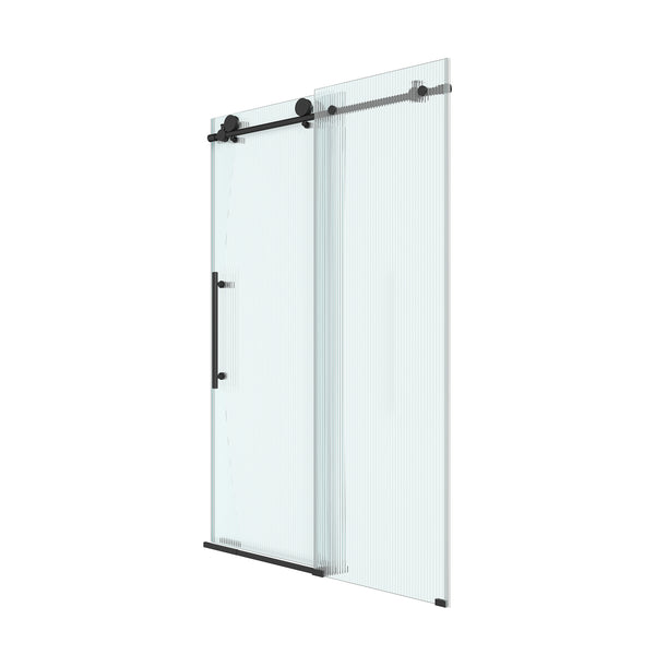 48 in. W x 76 in. H Frameless Sliding Shower Door in Matte Black/Brushed Nickel with Fluted Tempered Glass, Rust-Resistant Hardware