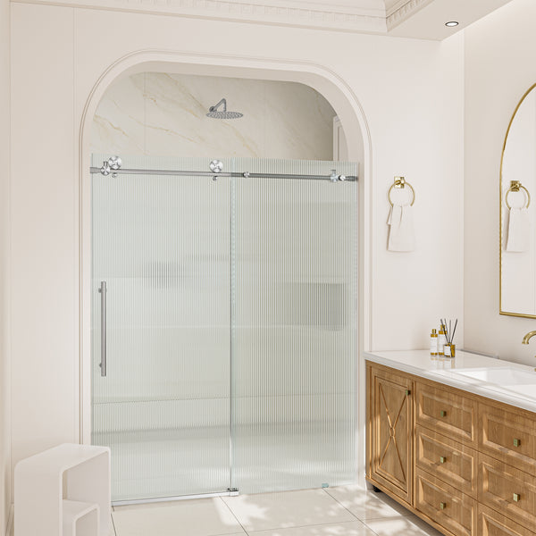 48 in. W x 76 in. H Frameless Sliding Shower Door in Matte Black/Brushed Nickel with Fluted Tempered Glass, Rust-Resistant Hardware