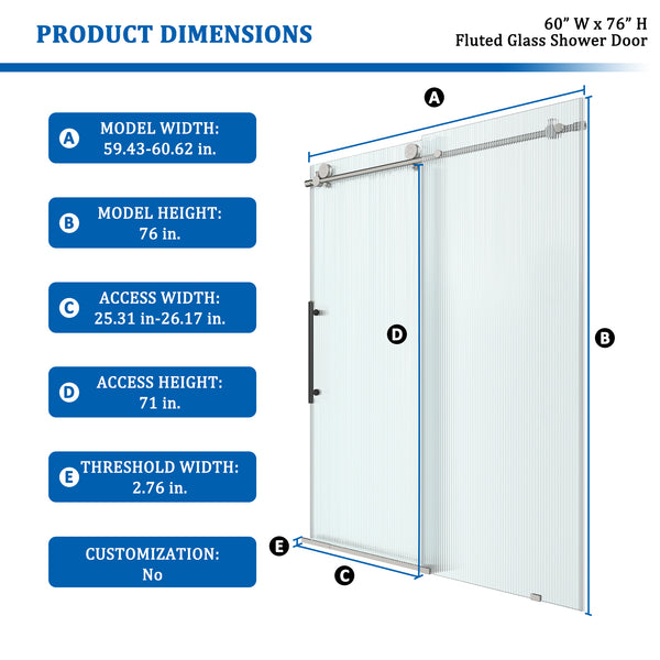 48 in. W x 76 in. H Frameless Sliding Shower Door in Matte Black/Brushed Nickel with Fluted Tempered Glass, Rust-Resistant Hardware