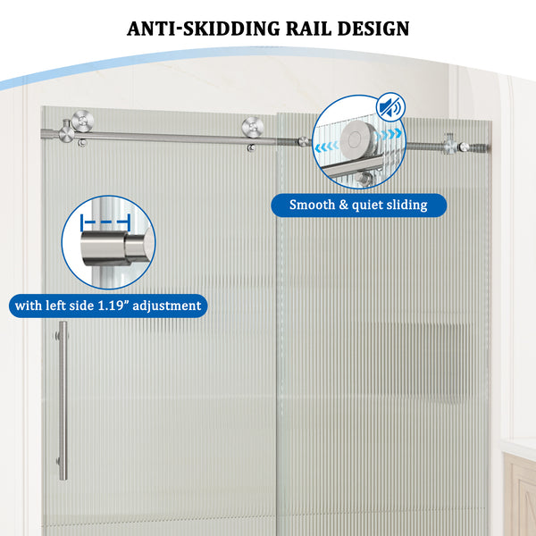 48 in. W x 76 in. H Frameless Sliding Shower Door in Matte Black/Brushed Nickel with Fluted Tempered Glass, Rust-Resistant Hardware