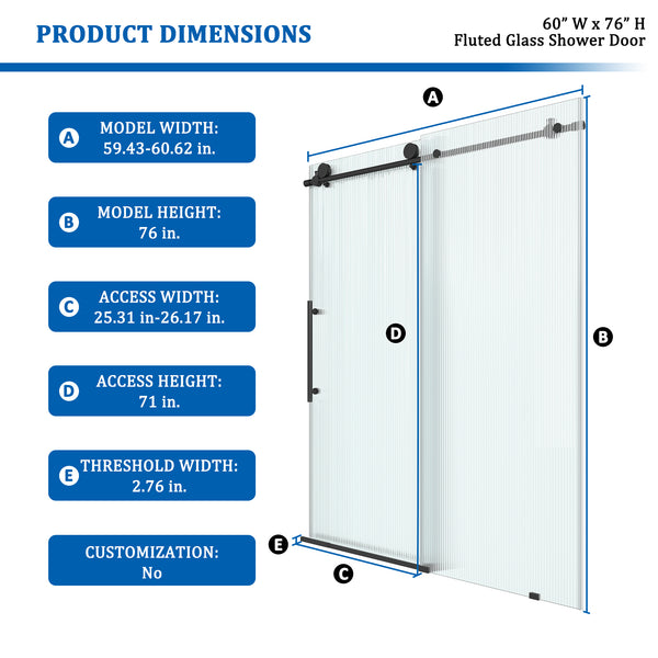 60 in. W x 76 in. H Frameless Sliding Shower Door in Matte Black with 10mm Fluted Tempered Glass, Left Opening