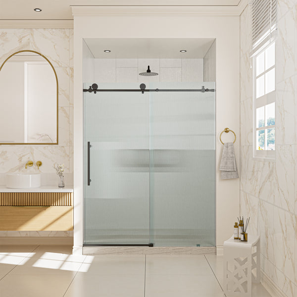 60 in. W x 76 in. H Frameless Sliding Shower Door in Matte Black with 10mm Fluted Tempered Glass, Left Opening