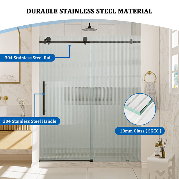 60 in. W x 76 in. H Frameless Sliding Shower Door in Matte Black with 10mm Fluted Tempered Glass, Left Opening