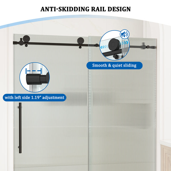 60 in. W x 76 in. H Frameless Sliding Shower Door in Matte Black with 10mm Fluted Tempered Glass, Left Opening