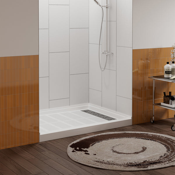 48 in. L x 36 in. /60 in. L x 32 in. W Alcove Shower Pan Base with Right Drain