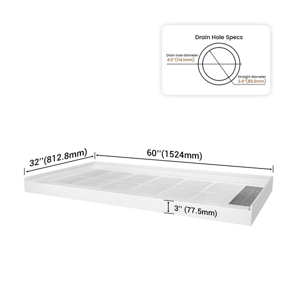 48 in. L x 36 in. /60 in. L x 32 in. W Alcove Shower Pan Base with Right Drain