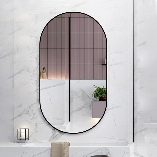 18 in. W x 36 in. H Oval Stainless Steel Framed Wall Bathroom Vanity Mirror in Matte Black/Brushed Gold