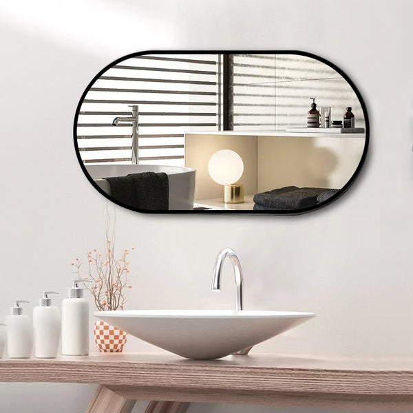 18 in. W x 36 in. H Oval Stainless Steel Framed Wall Bathroom Vanity Mirror in Matte Black/Brushed Gold
