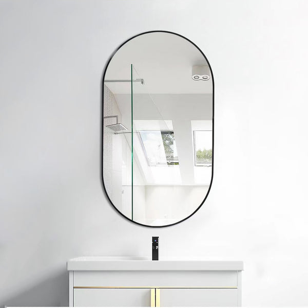 18 in. W x 36 in. H Oval Stainless Steel Framed Wall Bathroom Vanity Mirror in Matte Black/Brushed Gold