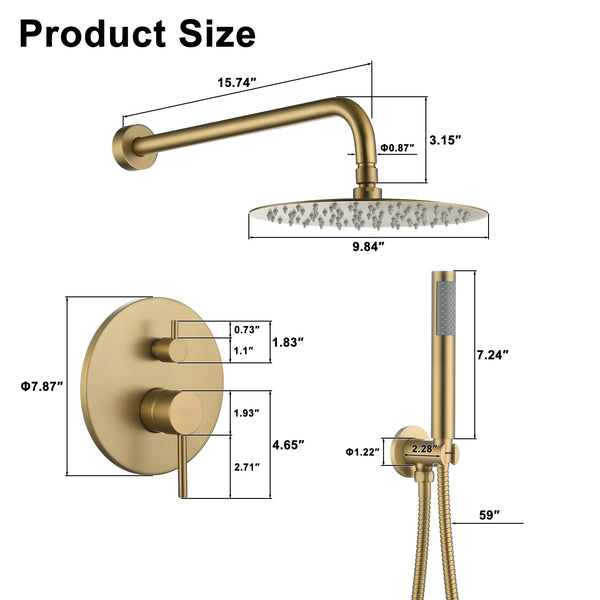 1-Spray 10 in. Round Wall Mount Fixed and Handheld Shower Head 1.8 GPM with Pressure Balance Valve in Brushed Gold