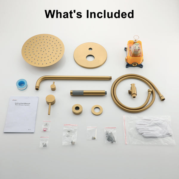 1-Spray 10 in. Round Wall Mount Fixed and Handheld Shower Head 1.8 GPM with Pressure Balance Valve in Brushed Gold