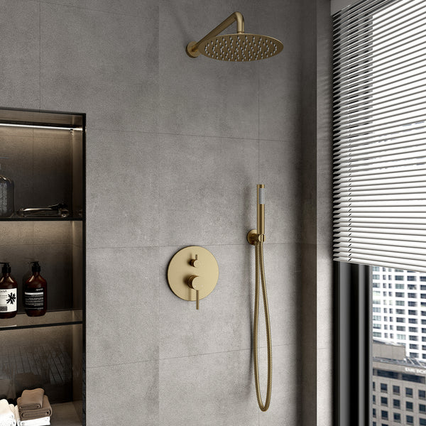 1-Spray 10 in. Round Wall Mount Fixed and Handheld Shower Head 1.8 GPM with Pressure Balance Valve in Brushed Gold