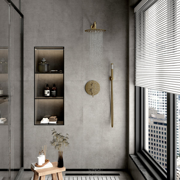 1-Spray 10 in. Round Wall Mount Fixed and Handheld Shower Head 1.8 GPM with Pressure Balance Valve in Brushed Gold