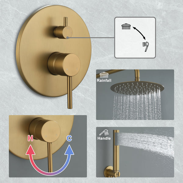1-Spray 10 in. Round Wall Mount Fixed and Handheld Shower Head 1.8 GPM with Pressure Balance Valve in Brushed Gold