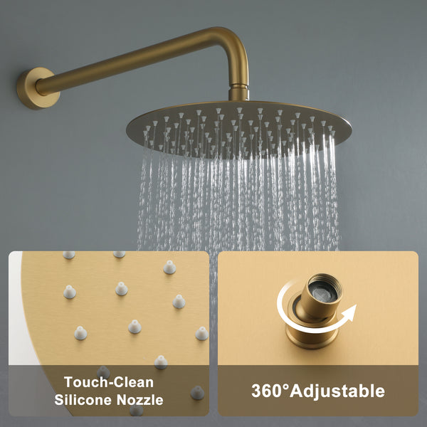 1-Spray 10 in. Round Wall Mount Fixed and Handheld Shower Head 1.8 GPM with Pressure Balance Valve in Brushed Gold