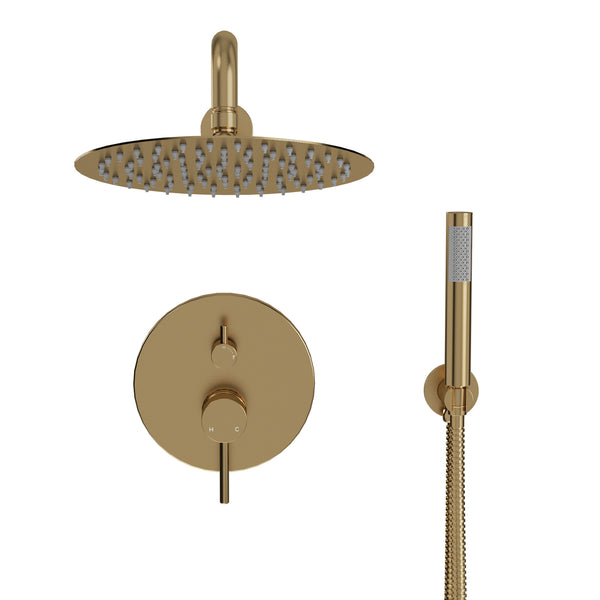 1-Spray 10 in. Round Wall Mount Fixed and Handheld Shower Head 1.8 GPM with Pressure Balance Valve in Brushed Gold