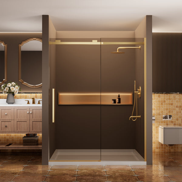 60 in. W x 76 in. H Sliding Frameless Shower Door in Brushed Gold Finish with 3/8 in.(10 mm) Tempered Clear Glass