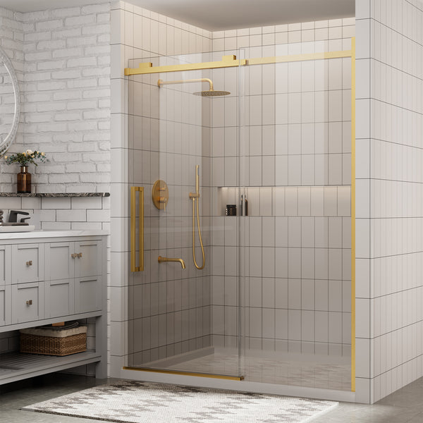 60 in. W x 76 in. H Sliding Frameless Shower Door in Brushed Gold Finish with 3/8 in.(10 mm) Tempered Clear Glass