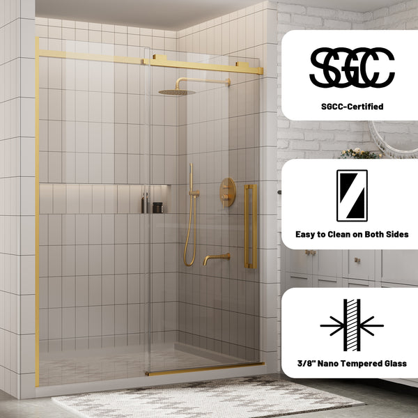 60 in. W x 76 in. H Sliding Frameless Shower Door in Brushed Gold Finish with 3/8 in.(10 mm) Tempered Clear Glass