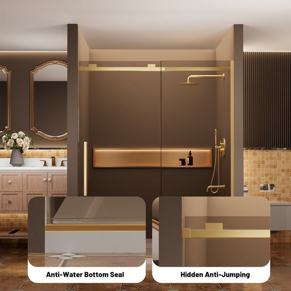 60 in. W x 76 in. H Sliding Frameless Shower Door in Brushed Gold Finish with 3/8 in.(10 mm) Tempered Clear Glass
