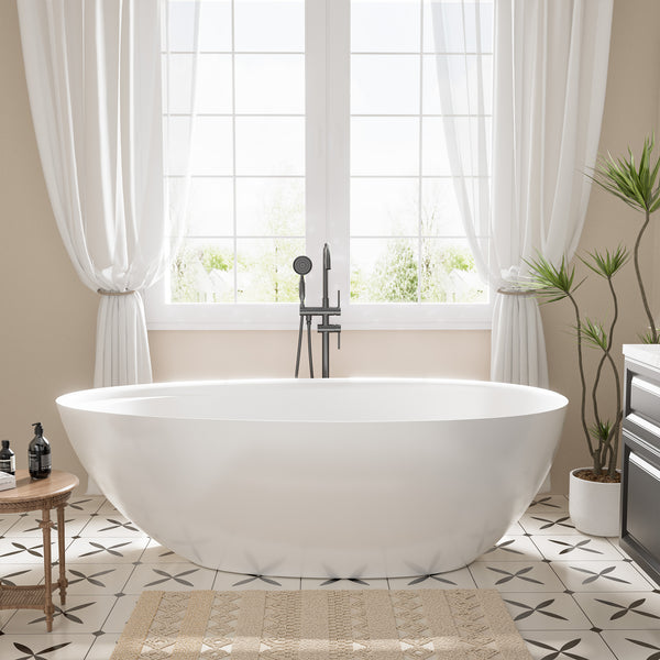 61 in. x 33 in. Solid Surface Freestanding Soaking Bathtub in Matte White with Right Drain and Abrasive Pads