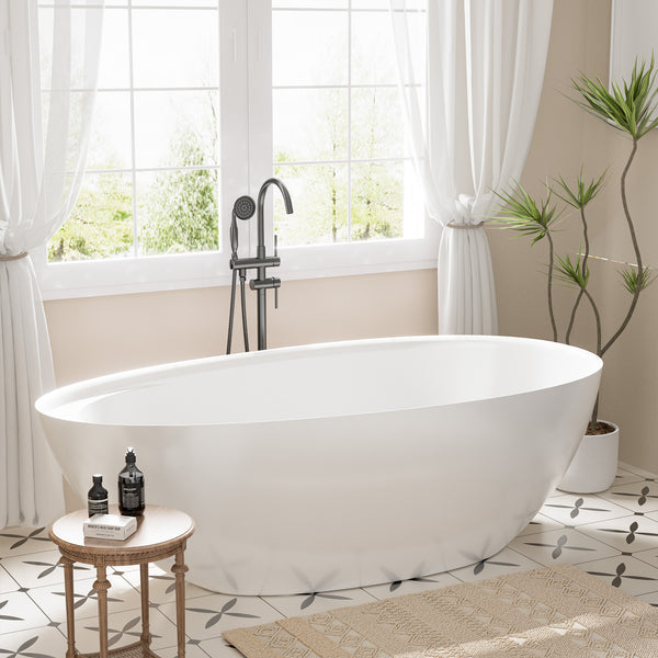 61 in. x 33 in. Solid Surface Freestanding Soaking Bathtub in Matte White with Right Drain and Abrasive Pads