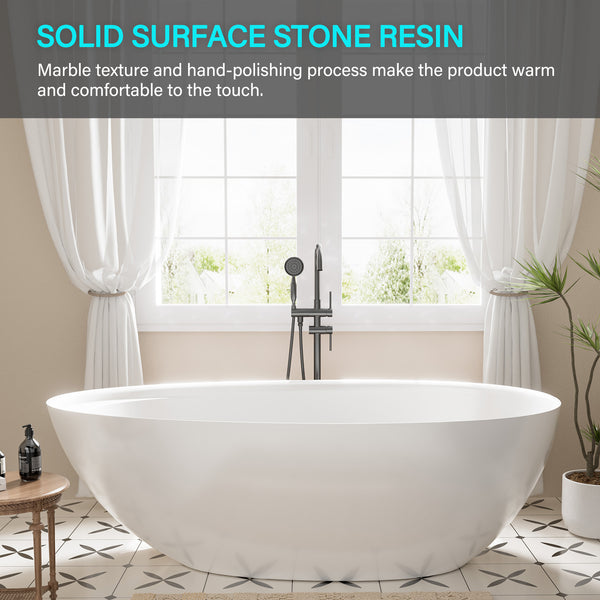 61 in. x 33 in. Solid Surface Freestanding Soaking Bathtub in Matte White with Right Drain and Abrasive Pads