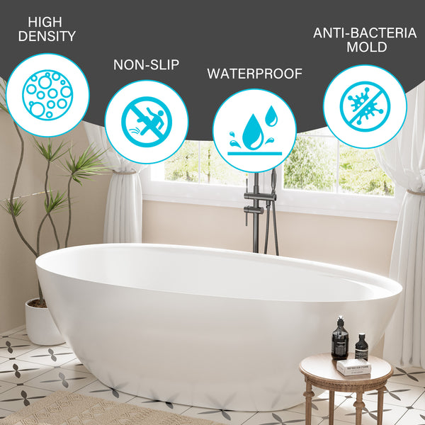 61 in. x 33 in. Solid Surface Freestanding Soaking Bathtub in Matte White with Right Drain and Abrasive Pads