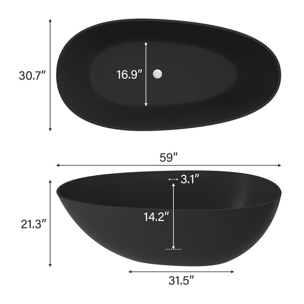 59 in. x 31 in. Solid Surface Freestanding Soaking Bathtub in Matte Black with Drain and Abrasive Pads
