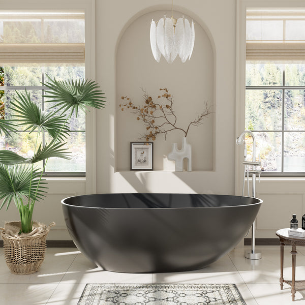 59 in. x 31 in. Solid Surface Freestanding Soaking Bathtub in Matte Black with Drain and Abrasive Pads