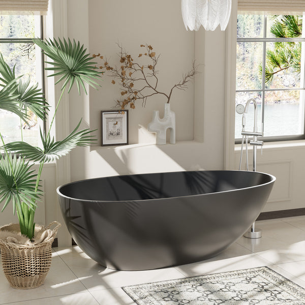 59 in. x 31 in. Solid Surface Freestanding Soaking Bathtub in Matte Black with Drain and Abrasive Pads