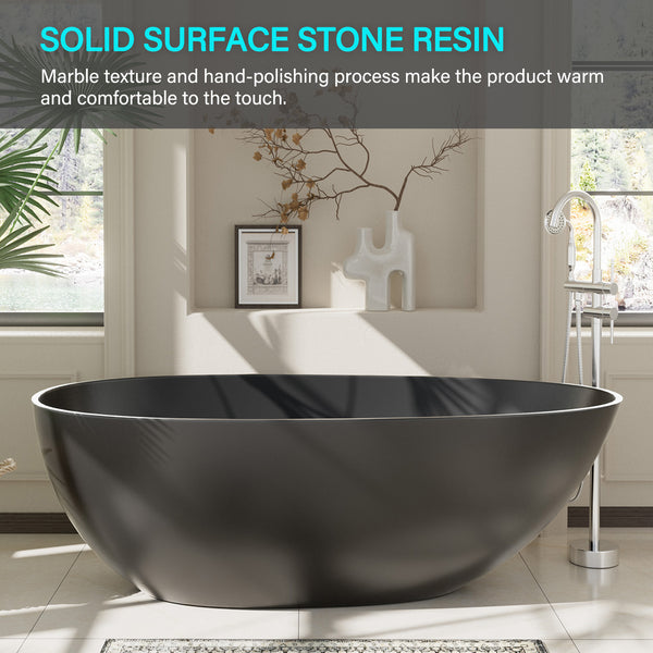 59 in. x 31 in. Solid Surface Freestanding Soaking Bathtub in Matte Black with Drain and Abrasive Pads