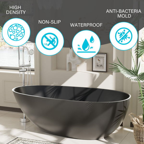 59 in. x 31 in. Solid Surface Freestanding Soaking Bathtub in Matte Black with Drain and Abrasive Pads