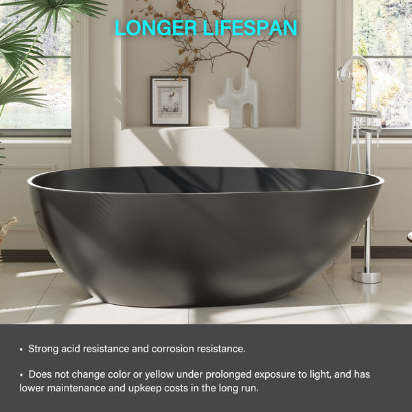 59 in. x 31 in. Solid Surface Freestanding Soaking Bathtub in Matte Black with Drain and Abrasive Pads