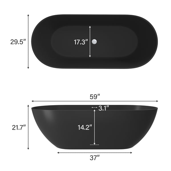59 in. x 30 in. Solid Surface Freestanding Soaking Bathtub in Matte Black with Drain and Abrasive Pads