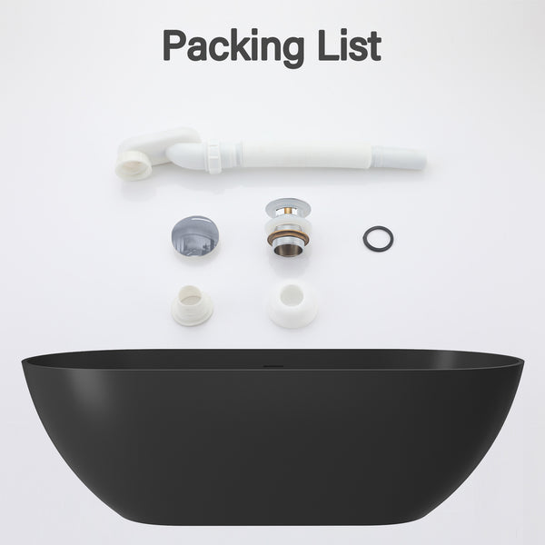 59 in. x 30 in. Solid Surface Freestanding Soaking Bathtub in Matte Black with Drain and Abrasive Pads