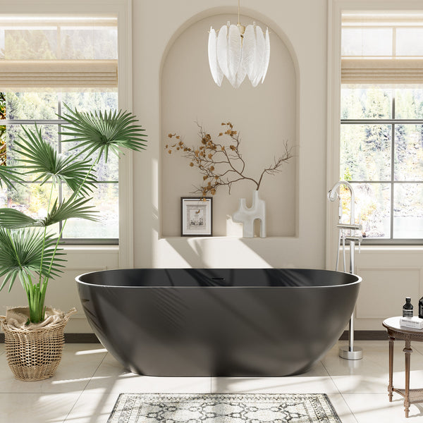 59 in. x 30 in. Solid Surface Freestanding Soaking Bathtub in Matte Black with Drain and Abrasive Pads