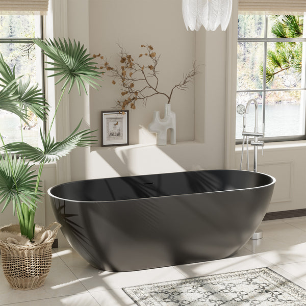 59 in. x 30 in. Solid Surface Freestanding Soaking Bathtub in Matte Black with Drain and Abrasive Pads