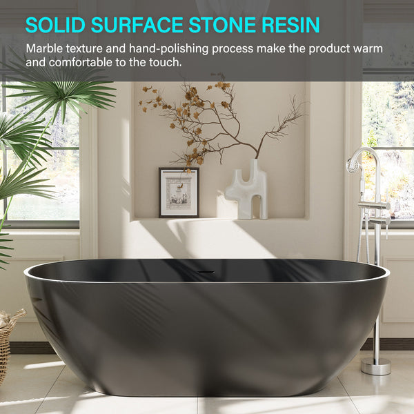 59 in. x 30 in. Solid Surface Freestanding Soaking Bathtub in Matte Black with Drain and Abrasive Pads