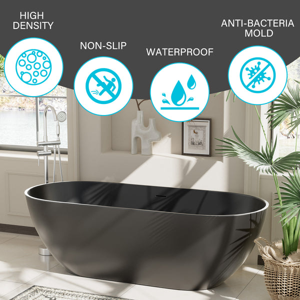 59 in. x 30 in. Solid Surface Freestanding Soaking Bathtub in Matte Black with Drain and Abrasive Pads